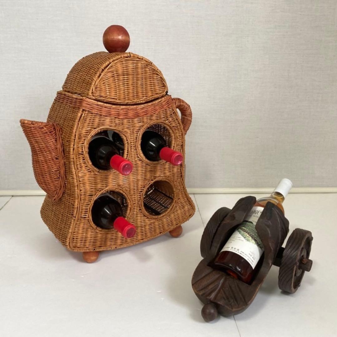 ワイン ボトル ホルダー ラック 籠 ポット 台 収納 籐 ラタン 木製 レトロ