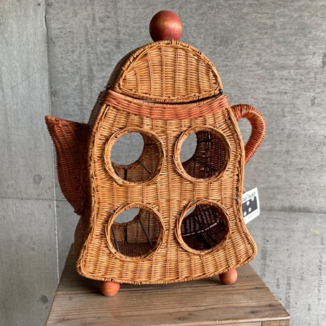 ワイン ボトル ホルダー ラック 籠 ポット 台 収納 籐 ラタン 木製 レトロ