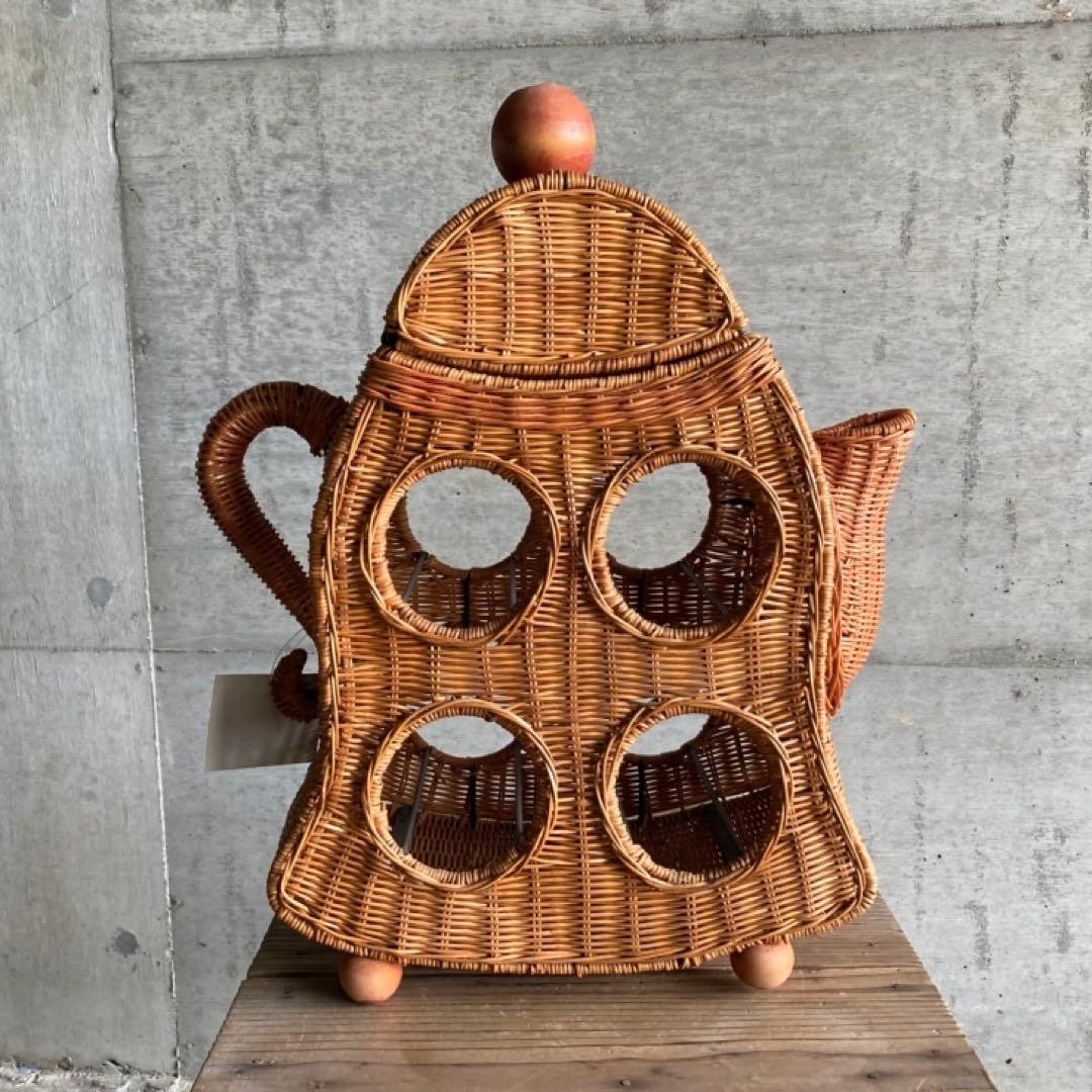 ワイン ボトル ホルダー ラック 籠 ポット 台 収納 籐 ラタン 木製 レトロ