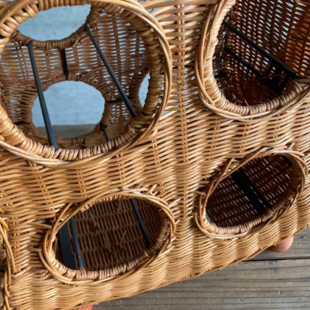 ワイン ボトル ホルダー ラック 籠 ポット 台 収納 籐 ラタン 木製 レトロ