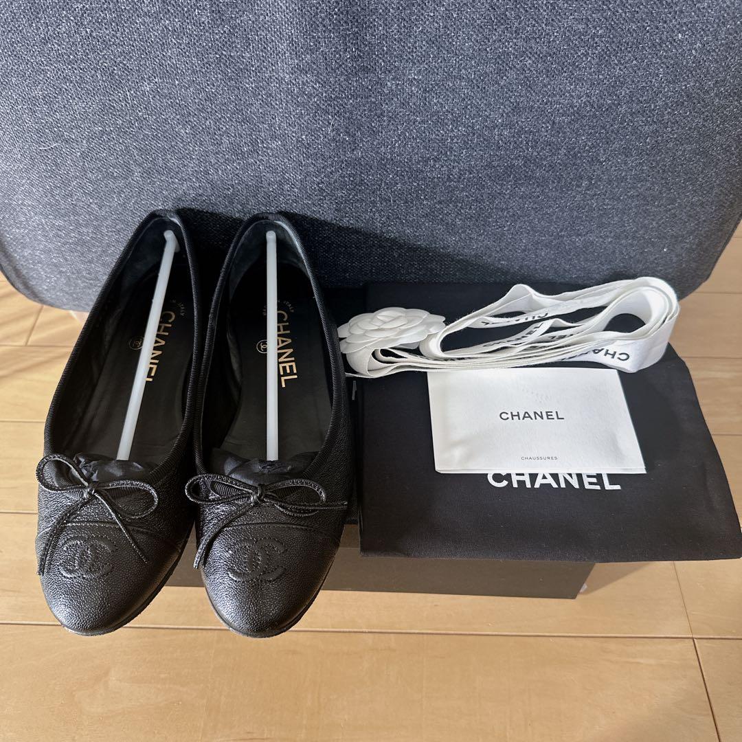 CHANEL シャネル　ロゴ リボン バレエシューズ パンプス ブラック 36